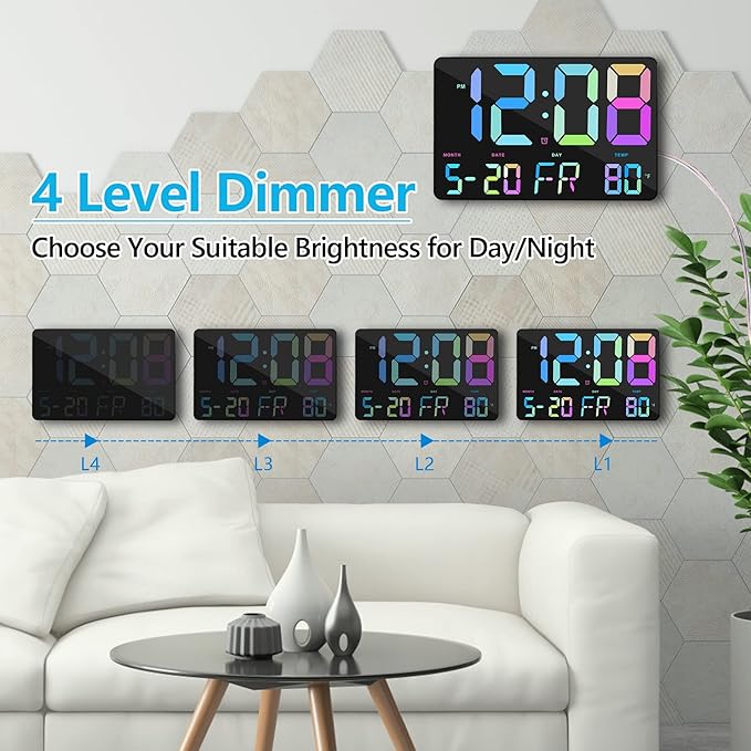 Amgico Digital Alarm Clock with Snooze, Temperature, Auto Dimming, 11.5" Large Display Calendar, Desk/Wall Clock for Bedroom, Living Room, Office, Home, Classroom,Elderly - Rainbow