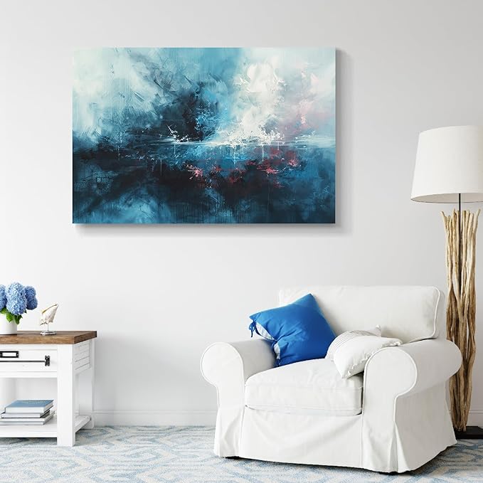 gaosoul Modern Abstract Canvas Wall Art Blue Graffiti Painting on White Background Stylish Framed Minimalism Artwork Prints for Living Room Bedroom Office Decor 48x32in
