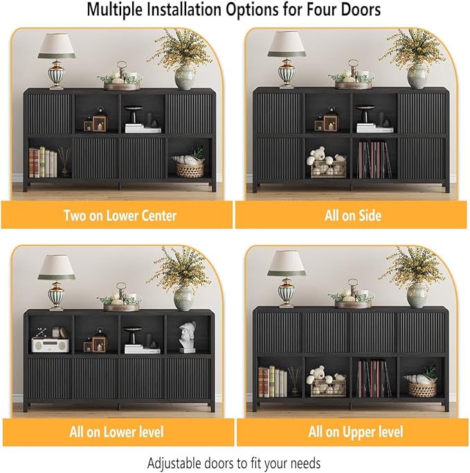 FATORRI 8 Cube Storage Organizer Bookshelf with 4 Doors, Low Horizontal Bookcase with Storage, Long Wood Book Shelf for Dining, Home Office (Black)