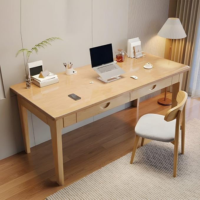 RUNNUP Modern Wood Writing Desk with 2 Drawers 39.5" Home Office Desk Simple Study Desk for Small Spaces, Without Chairs Natural