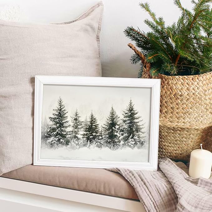 uniro Christmas Wall Art Prints, Vintage Christmas Decor, Rustic Winter Pine Forest Christmas Trees Canvas Art Prints Poster Painting, Farmhouse Christmas Forest Landscape Winter Art Picture Aesthetic for Bedroom Bathroom Living Room Office Decor (8" x...