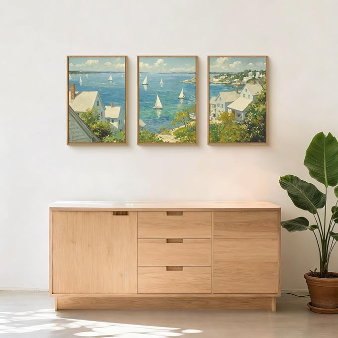 Large Coastal Sailboat Framed Canvas Wall Art Set,Summer Seascape Wall Decor,Nautical Blue Ocean Art Prints,Nature Beach Artwork for Living Room,Bedroom,Dining Room,Office-16 x24 x3