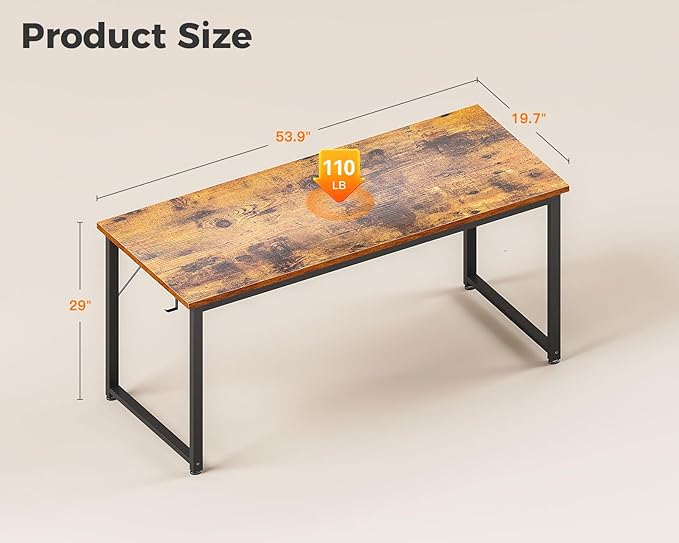 ODK 54 Inch Computer Desk Home Office Desk, Gaming Writing Work from Home Study Desk, Modern Simple Design, Large Legroom, Sturdy Metal Frame, Vintage