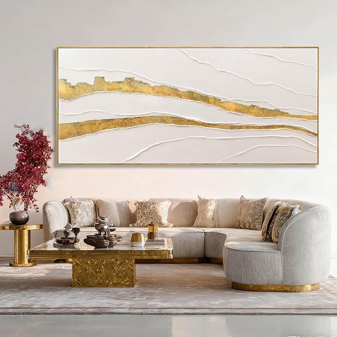 VAYIMDH White and Gold Oil Painting Wall Art Abstract Wall Decor Line Hanging Art 32"x70" Large Artwork for Living Room Decorative Pictures for Office