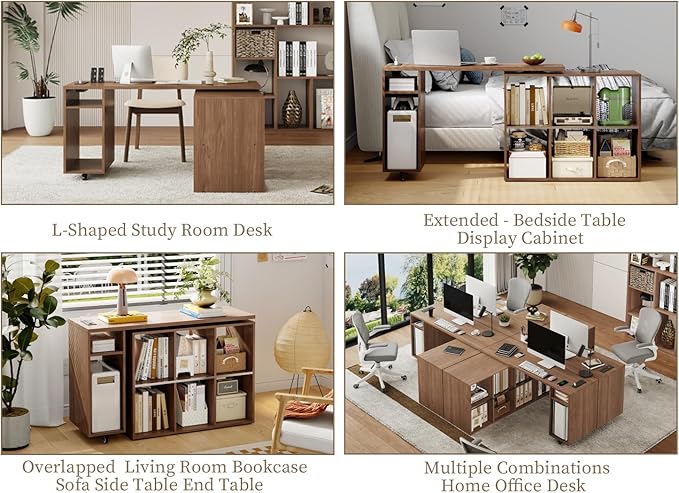 L-Shaped Desk with Storage–Small Study Table with Charging Station, Rotating Writing Desk & Corner Computer Desk for Home Office, 67” Long Bed Side Table（Oak）