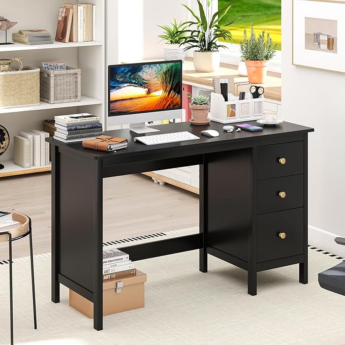 GOFLAME Computer Desk w/ 3 Drawers, 48" Wide Writing Desk with Storage, Laptop Study Desk w/Anti-tip Kit, Modern Home Office Desk, Wooden Workstation, Vanity Table for Study, Office,Black