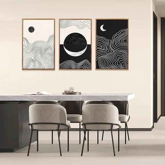 CHDITB Abstract Moon Phases Framed Canvas Art Prints Set(16"x24"), 3 Panels Modern Neutral Black and White Artwork Painting, Large Boho Minimalist Fine Line Wall Art Home Decor for Bedroom Living Room