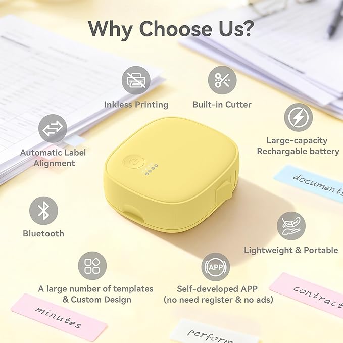 Mini Label Maker Machine with Tape AH-P05, Portable Bluetooth Mini Label Printer, Wireless Thermal Label Maker, Waterproof & Rechargeable, Built-in Cutter, for Home, Office, Kitchen – Yellow