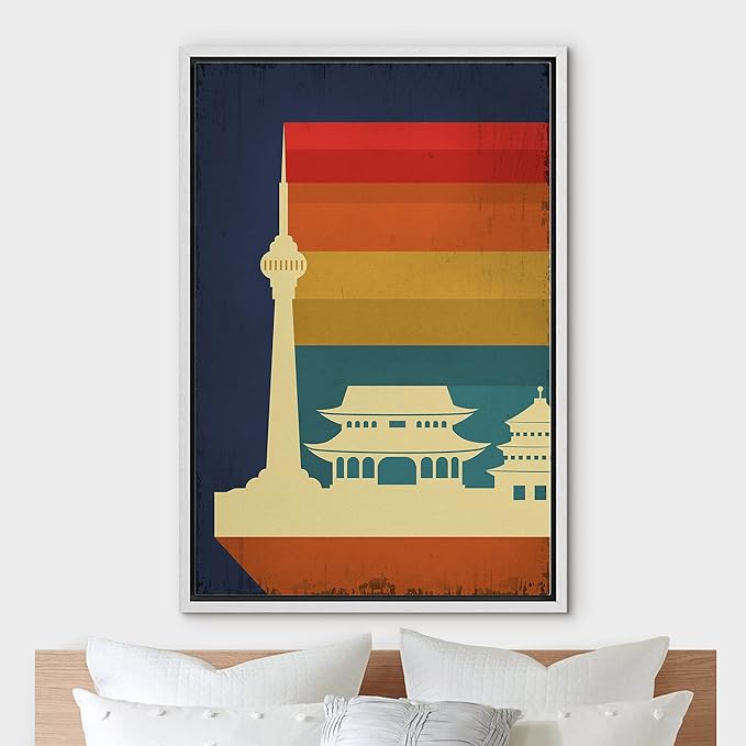 IDEA4WALL Framed Canvas Print Wall Art Retro Vintage Chinese Capitol Poster Cultural Building Illustrations Modern Art Contemporary Scenic Warm for Living Room, Bedroom, Office - 24"x36" WHITE