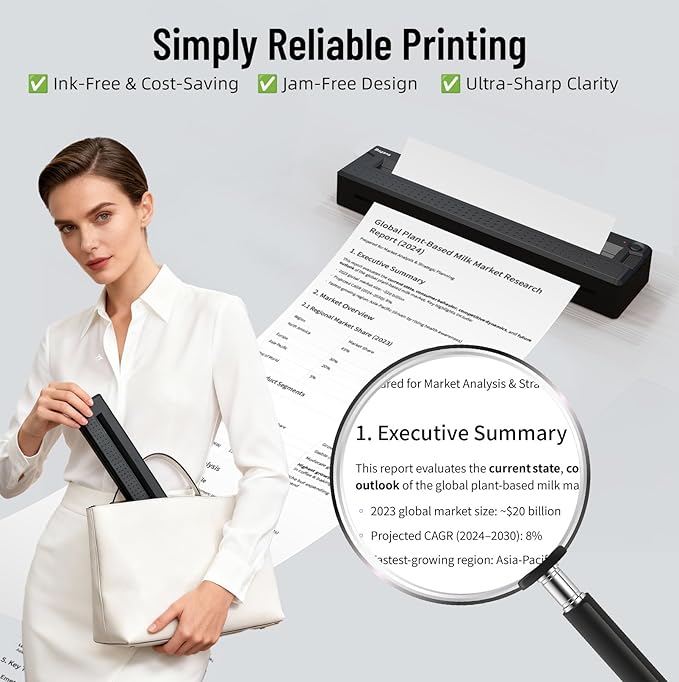 Bagana Portable Printers Wireless for Travel, Bluetooth Thermal Small Printer Supports 8.5" x 11" US Letter & A4 Size, Inkless Mobile Compact Printer for Phone&Laptop for Home Office School