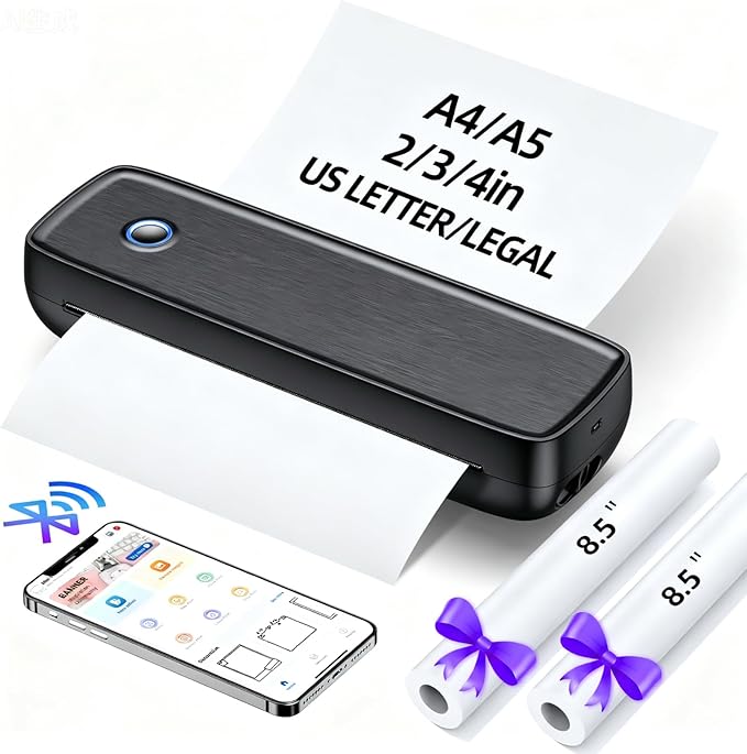 Aixiqee Portable Inkless Printer, Wireless Bluetooth Thermal Printer with 4200mAh Battery, Prints A4/A5/US Letter, High Resolution Mini Printer for Travel, Home Office & Mobile Printing