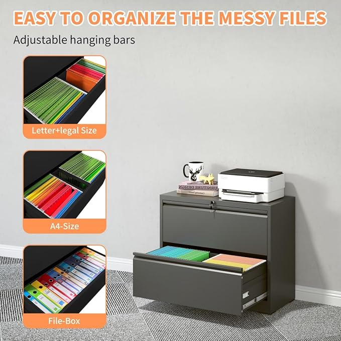2 Drawer Lateral File Cabinet with Lock for Home Office Metal Filing Cabinet with Adjustable Hanging Bars Horizontal Filing Organization Storage Cabinet for Letter/Legal/A4/F4 Size Black