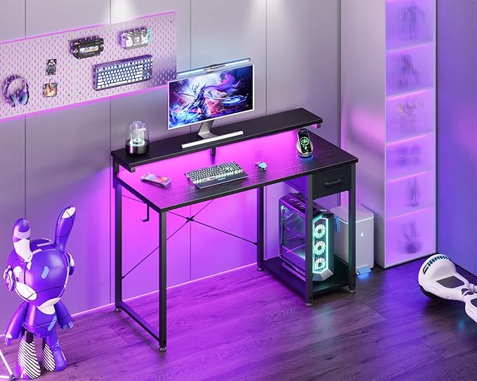 AODK Gaming Desk with LED Lights, 40 Inch Computer Desk with Drawers, Reversible Small Desk with Monitor Stand & Headphone Hook for Home Bedroom, Black