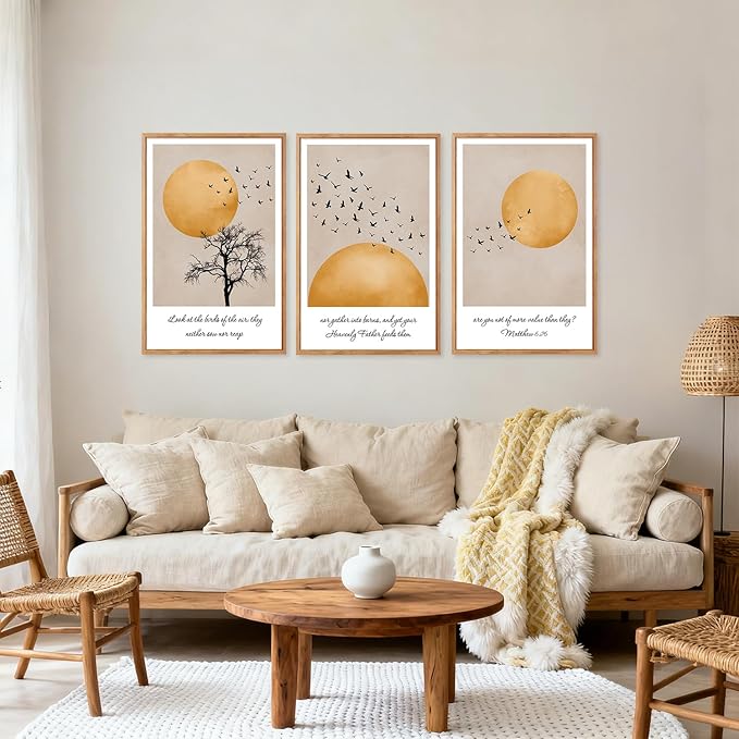 CHDITB Matthew 6:26 Look At The Birds Of The Air Framed Canvas Wall Art(24"x36"), 3 Panels Japandi Bible Verses Scripture Artwork Prints, Large Religious Christian Faith LDS Decor for Home Office Bedroom