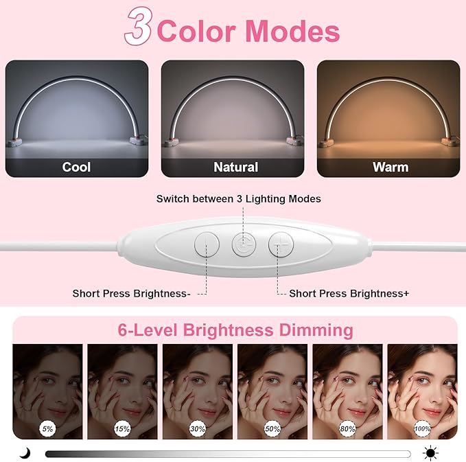 Half Moon Light for Nail Desk 16 inch Nail Desk Light Half Moon Lamp Portable Arch Lamp Dimmable with Foldable Bracket for Desk Salon Table Use, 3 Color Temperature