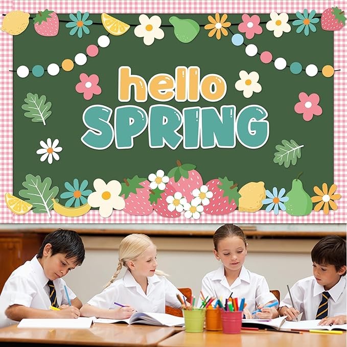 Hello Spring Bulletin Board Set Spring Fruit Floral Classroom Decoration Colorful Flowers Strawberry Paper Cutouts Flowers Theme Bulletin Board for School Classroom Chalkboard Wall Decor
