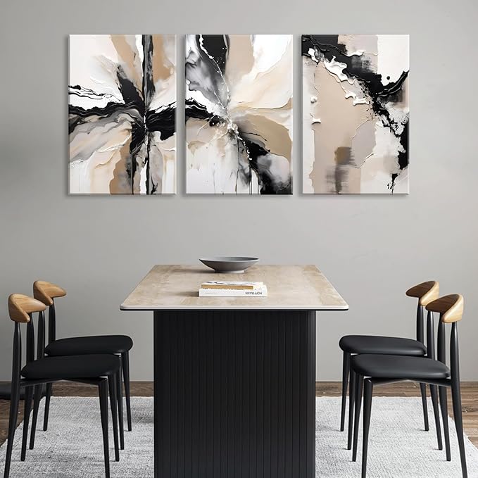 LYPHNX Framed Black and Brown Abstract Geometric Canvas Wall Art Modern Grey White Beige Print Poster Set of 3 Painting Terracotta Brush Strokes Picture Home Decor for Bathroom Bedroom Office 16"x24"
