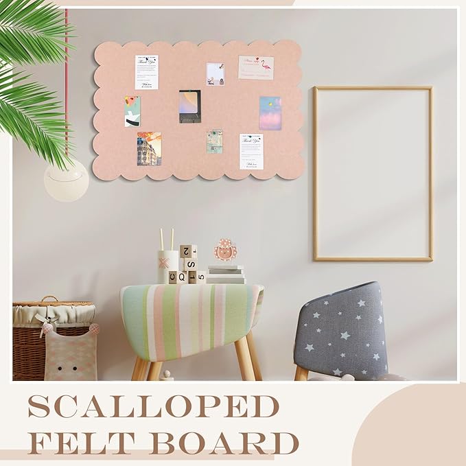 Scalloped Felt Bulletin Board 36 x 24 Inches Foldable Flesh Pink Pin Cork Board Alternative for Wall, 3' x 2' Trifold Picture Vision Self Adhesive Bulletin Decorative