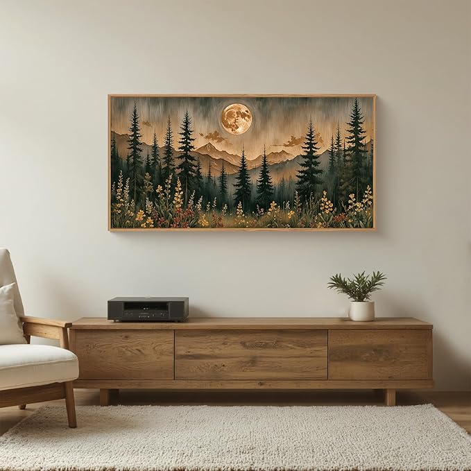 HOURIA Vintage Boho Nature Moonlight Forest Mountain Framed Canvas Wall Art Set,Wilderness Dark Moon Woodland Floral Decor,Retro Wildflower Field Landscape Artwork for Living Room,Farmhouse- 20"x40"x1