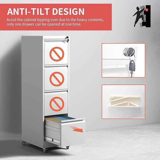 4 Drawer Mobile File Cabinet with Lock,White Metal Filing Cabinets with Wheels,Vertical File Cabinet for Home Office,Heavy Duty Rolling Storage Cabinet for A4/Letter/Legal Size,Assembly Required