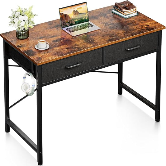 Casaottima 32 Inch Small Office Computer Desk with 2 Drawers & Headphone Hook - Compact Writing Desk for Home Office, Study or Work, Modern Space-Saving Design for Small Spaces, Pure Vintage