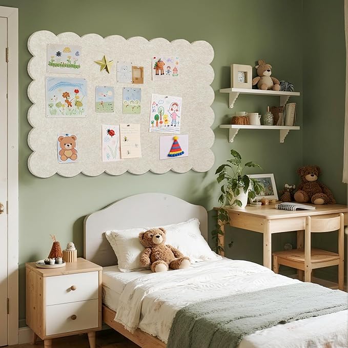 Scalloped Bulletin Board, 48 x 36 Inches Felt Pin Board - Decorative Cork Alternative for Wall, Foldable Picture Self-Adhesive Vision Prayer Board with 20 Pushpins - Oatmeal