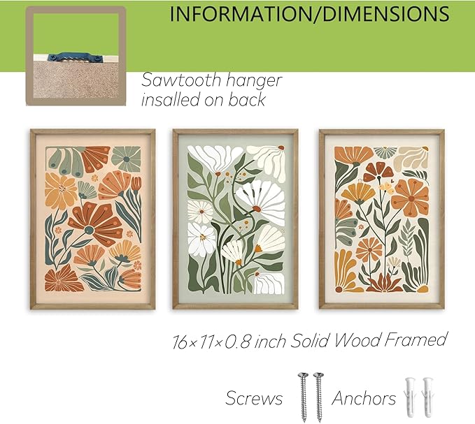 Wildflower Floral Green Botanical Wall Art Print 16"x11" Set of 3 flower Illustrations Minimalist Modern Boho Sign Wood Framed for Living Room Bedroom Office Abstract Wall Hang Decor (Wood)