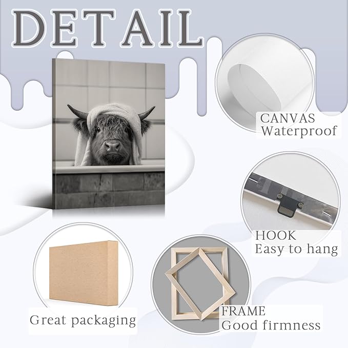 YOUHONG Funny Bathroom Highland Cow Pictures Wall Decor, Highland Cow Bathroom Decor Cute Animal Wall Art Posters Paintings Print with Wooden Frame Ready to Hang - 12x15.7 Inches Waterproof