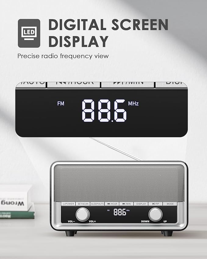 Vintage Wood AM FM Clock Radio with Bluetooth, Digital Clock Radio for Bedroom with LCD Display | 40 Presets | Sleep Timer | No Alarm, Retro Bluetooth Speaker for Office,Home, Kitchen (Space Black)