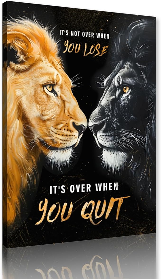 Black and Gold Lion Motivational Wall Art - Modern Animal Canvas Print Inspirational Quote Poster Inspiring Office Artwork Framed Wall Decor for Home, Bedroom, Living Room (12"x16")