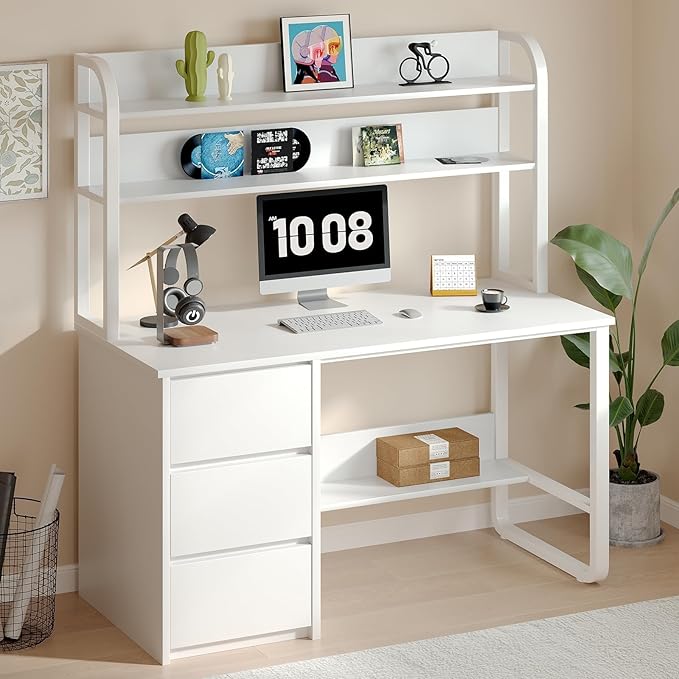 White Desk with Hutch, 47 Inch Computer Desk with 3 Drawers for Bedroom, Study Writing Desk with Shelves for Small Spaces, Adjustable Feet