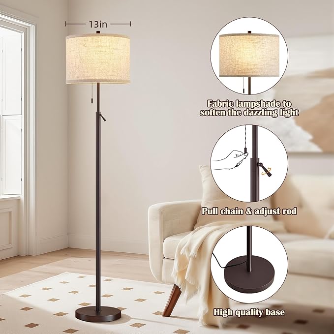 GyroVu Height Adjustable Floor Lamp, Standing Lamp with Metal Base Tall Lamp with Pull Chain & Beige Shade Modern Floor Lamps for Living Room, Bedroom & Office Bulbs Not Included(Brown)