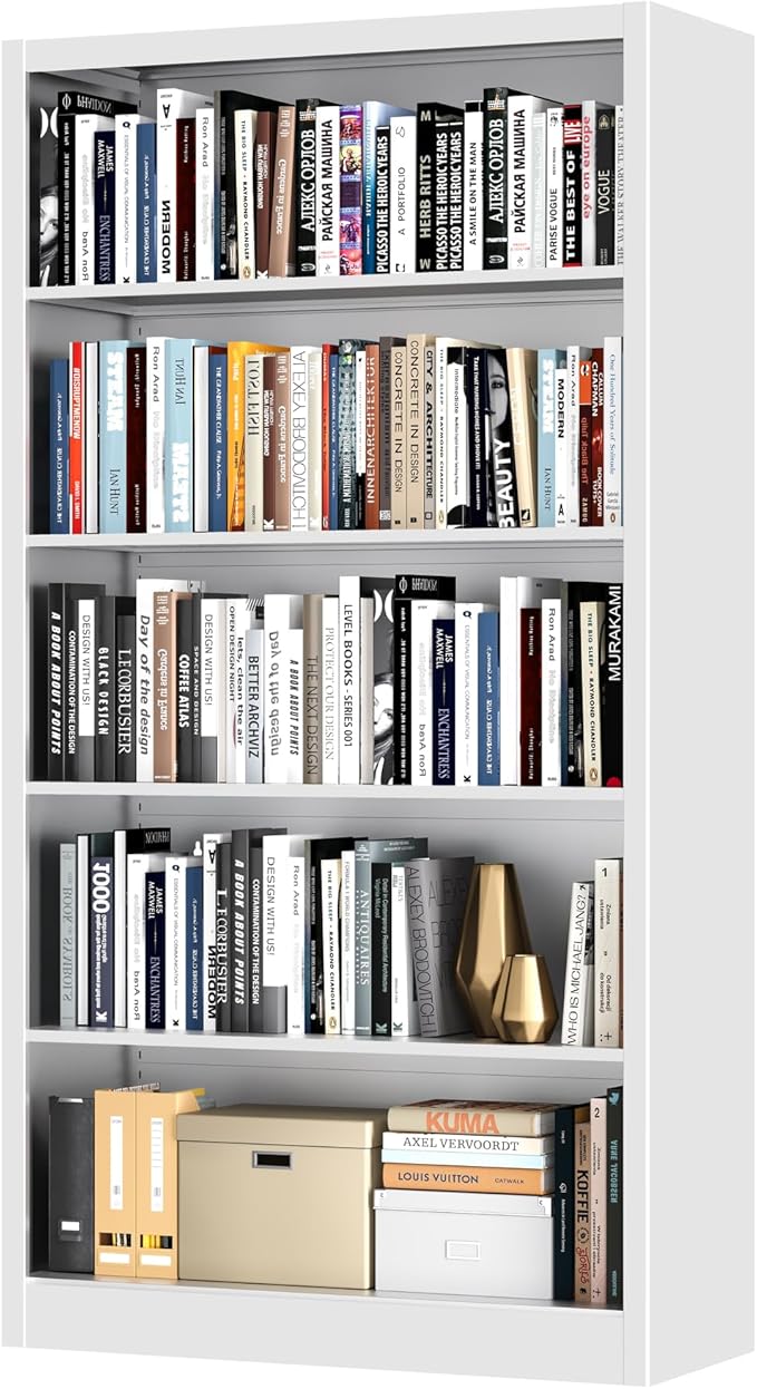 Bookcase, 5 Tier Bookshelves, 14" Deep Book Case for Book/Decor/CD/Movie, Metal Adjustable Book Shelf, 66" Tall Modern Bookshelf for Bedroom Living Room Home Office School (White, 66"Hx33"Wx14"D)
