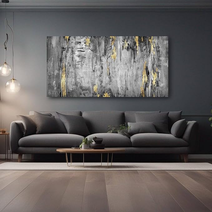 Kureful Large Abstract Canvas Wall Art Black and Grey Artwork 29"x58" Large Painting Canvas Wall Art for Living Room Wall Office Decor