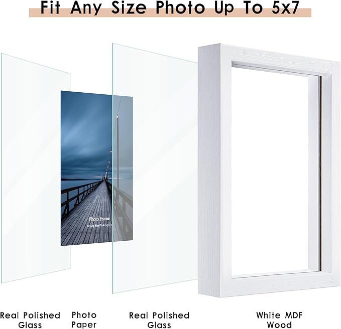 MUYE 5x7 Floating Frame Set of 2,Double Real Glass Photo Frame for Wall Hanging or Tabletop Standing,Also Display 4x6 or 3x5 Photo for Floating Effect,White