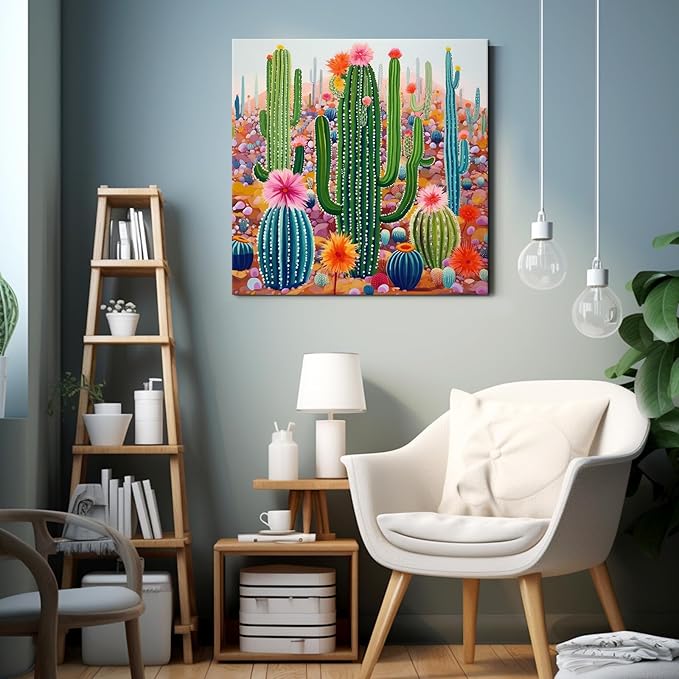 Goldfoilart Botanical Wall Art Framed Canvas - Boho Tropical Plant Print with Cactus & Succulents Green Floral Nature Artwork 24x24 Inch Ready to Hang for Bathroom Living Room Office