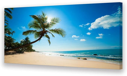 Muolunna ARX0662 Large Canvas Wall Art Summer Ocean Waves Prints Coconut Trees Beach Seascape Painting Hawaii Sea Nature Pictures Stretched and Framed for Living Room Home Office Wall Decor Artwork