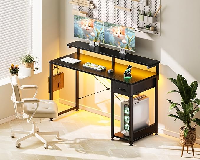 AODK Gaming Desk with LED Lights, 40 Inch Computer Desk with Drawers, Reversible Small Desk with Monitor Stand & Headphone Hook for Home Bedroom, Black