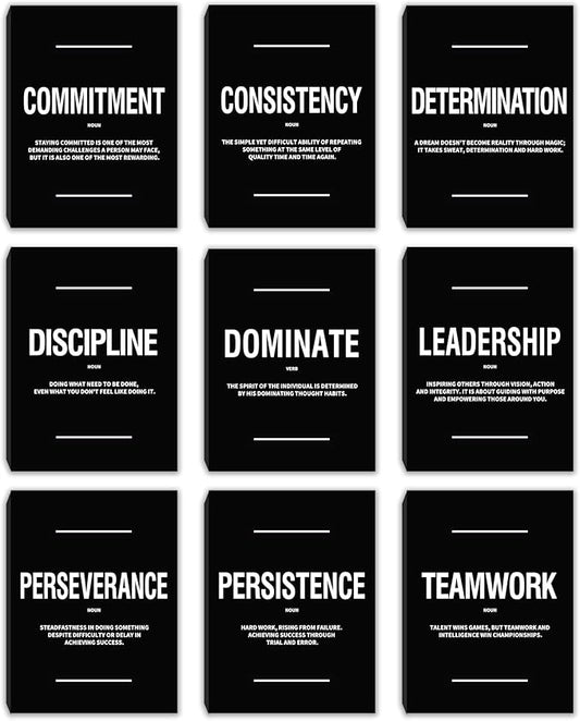 COSCTOR Set of 9 Motivational Wall Art Decor Inspirational Posters Quotes Framed Canvas Pictures Grind Hustle Execute for Workplace Office Garage Gym Classroom Bedroom(Framed,12x16)