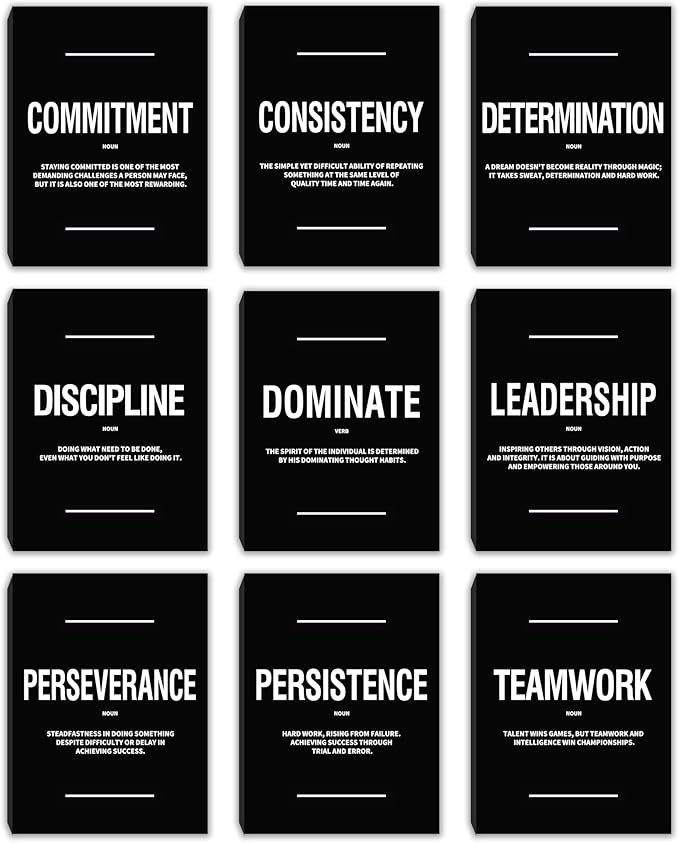 COSCTOR Set of 9 Motivational Wall Art Decor Inspirational Posters Quotes Framed Canvas Pictures Grind Hustle Execute for Workplace Office Garage Gym Classroom Bedroom(Framed,16x24)
