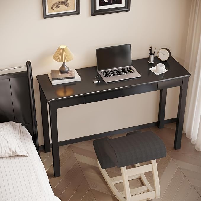 100% Solid Wooden Desk with Drawers - 47 x 16 Inch Modern Narrow Desks, Rubber Wood Study Table, Small Writing Desk for Small Spaces|Bedroom - Black Desks