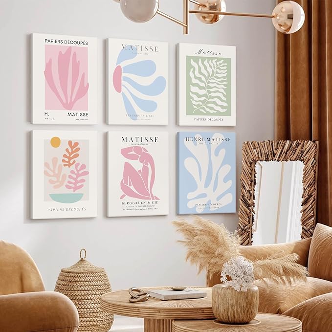 Henri Matisse Wall Art Prints Pink Blue Canvas Wall Decor Aesthetic Pictures Wall Art Danish Pastel Painting Henri Matisse Poster Trendy Artwork for Bedroom 12x16 Inch Wrapped Canvas Set of 6