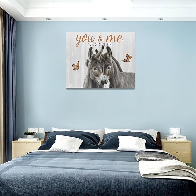 yerretin Farmhouse Donkey Wall Art Country Love Pictures Wall Decor Rustic Animal Canvas Painting Home Decoration Artwork for Bathroom Bedroom Living Room Office Framed 20"x16"