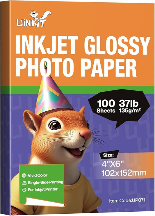 Uinkit 37lb Thin Inkjet Photo Paper 4X6 Inches Professional Glossy 100 Sheets Single Side DIY Chip Bag 135gsm Photos Picture for Inkjet Printer with Dye Ink Brochure (4X6X100)
