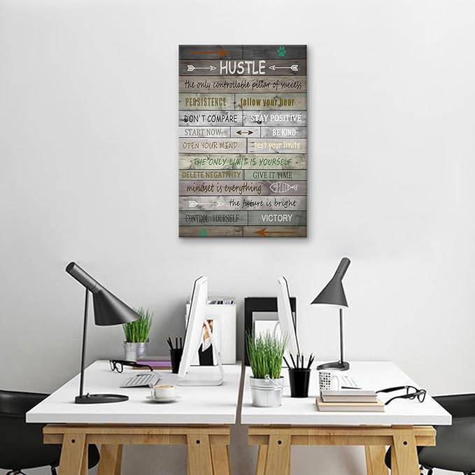 PSYYSP Hustle Sign Motivational Poster Printed on Canvas for Office Wall Decor Inspirational Positive Painting Picture for Home Bathroom Bedroom Classroom Decor Ready to Hang [12''Wx18''H]