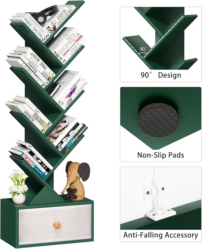 8 Tier Tree Bookshelf with Drawer, Free Standing Wood Green Bookcase for Narrow Space, Storage Organizer Bookshelves for Books, Book Case for Home Office, Living Room, Bedroom