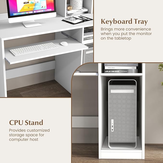 White Computer Desk with Hutch, Wood PC Table w/Power Outlet, Keyboard Tray and CPU Stand, Modern Writing Desk with Bookshelf for Bedroom, Simple Work Table for Home Office