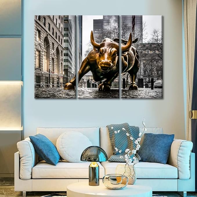 TUMOVO Canvas Prints Wall Art Modern Wall Street Bull Wall Decor 3 Pieces Family Decoration Gallery Canvas Wrap Giclee Print Stretched and Framed Posters and Prints Ready to Hang - 36" Wx24 H