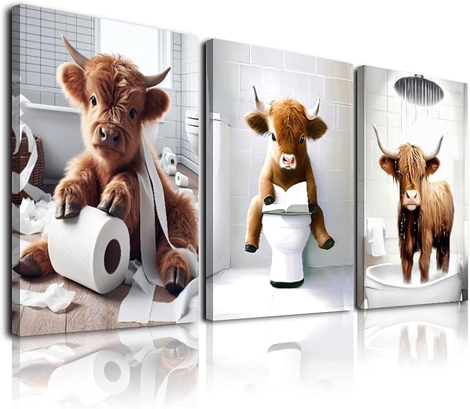 Westen Bathroom Decor Wall Art Framed,Funny Highland Cow Wall Art,Western Bathroom Decor Sign,Farmhouse Cow Pictures for Bedroom Office Restroom,12"x16",Framed