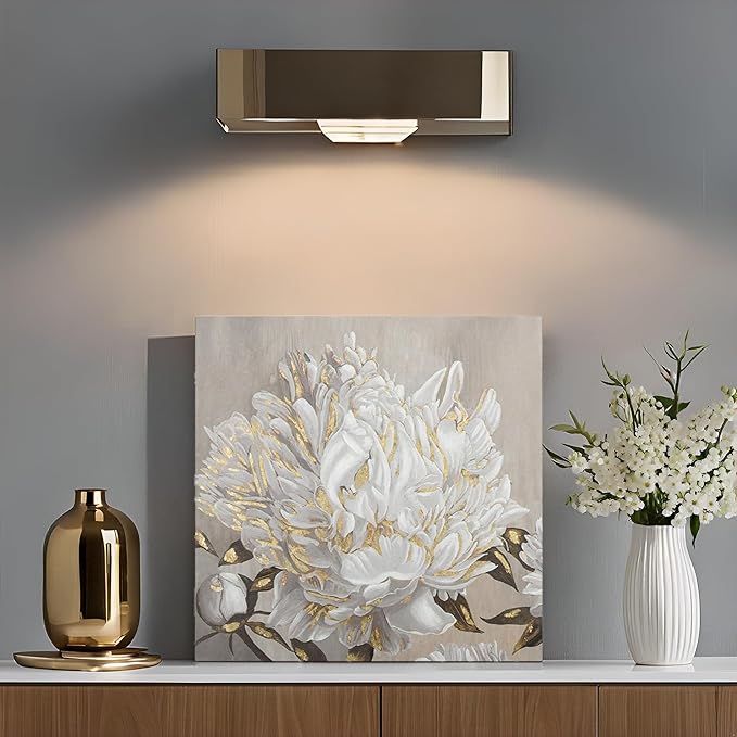 Goldfoilart Floral Wall Art White Blooming Flower Canvas Pictures Modern Paintings with Gold Foil Framed Artwork for Living Room Bathroom Bedroom Kitchen Office Wall Decor 24" x 24"
